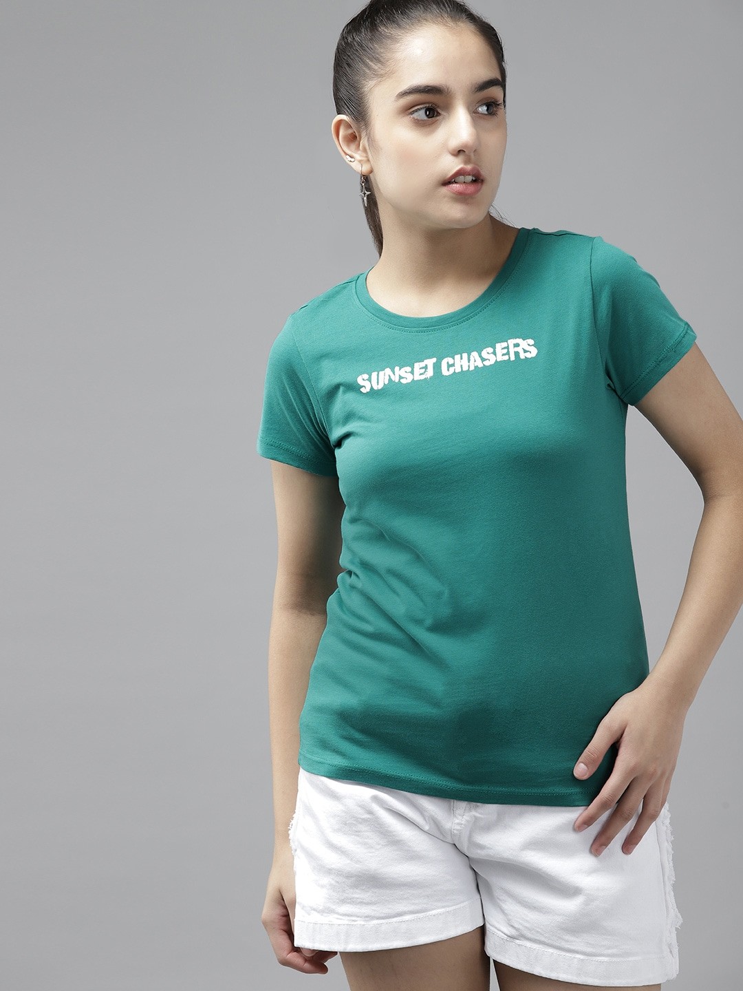 

UTH by Roadster Girls Green & Off White Pure Cotton Typography Print T-shirt