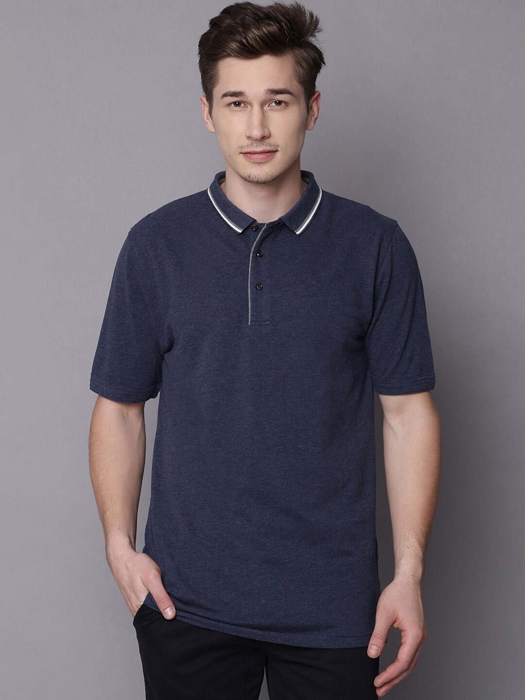 

Bruun & Stengade Men Navy Blue Polo Collar Slim Fit T-shirt