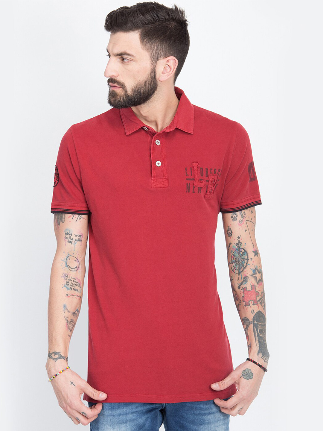 

LINDBERGH Men Red & Black Brand Logo Printed Polo Collar Slim Fit T-shirt