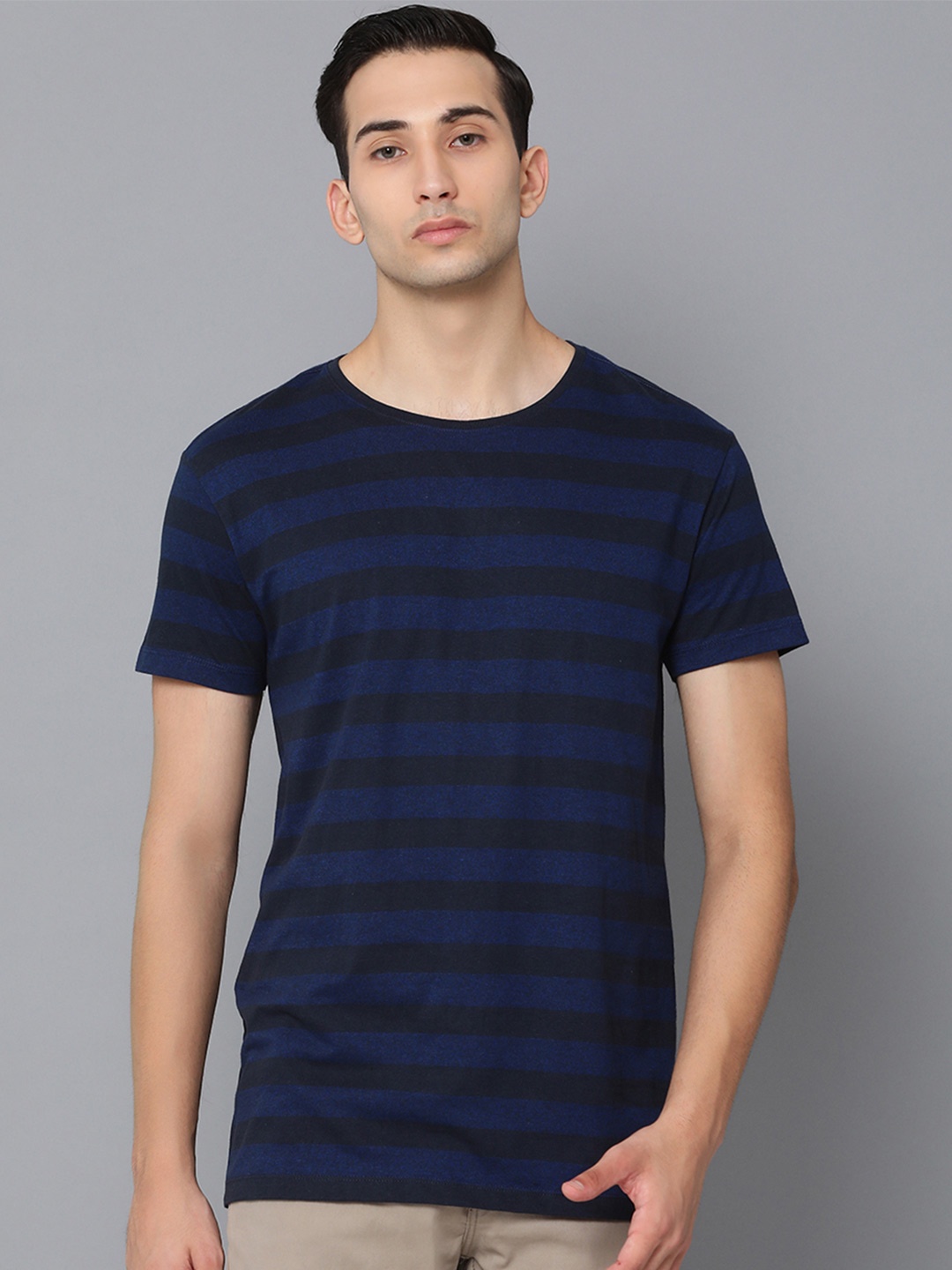 

LINDBERGH Men Blue & Black Striped Slim Fit T-shirt