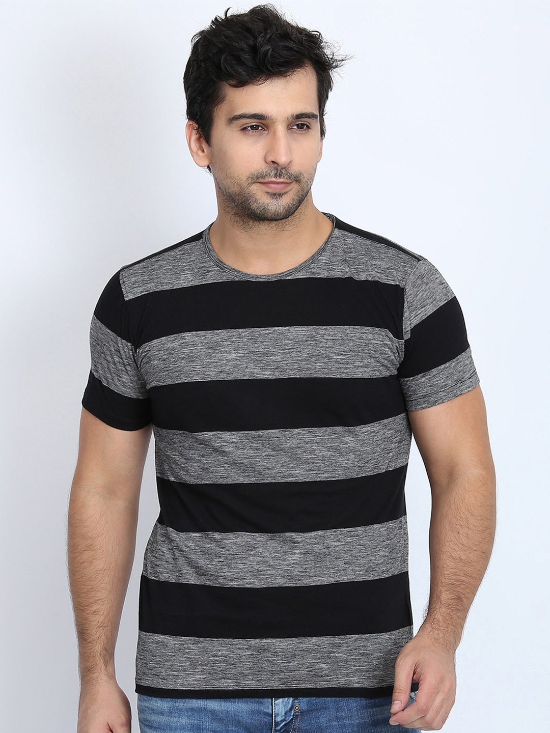

LINDBERGH Men Black & Grey Melange Striped Monochrome Slim Fit T-shirt