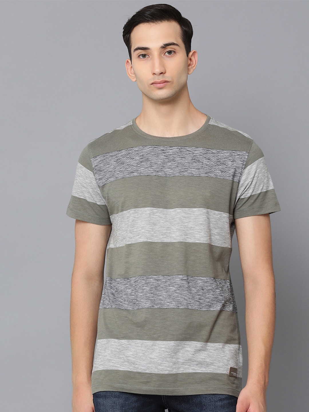 

LINDBERGH Men Olive Green Grey Striped Slim Fit Cotton Pure Cotton T-shirt
