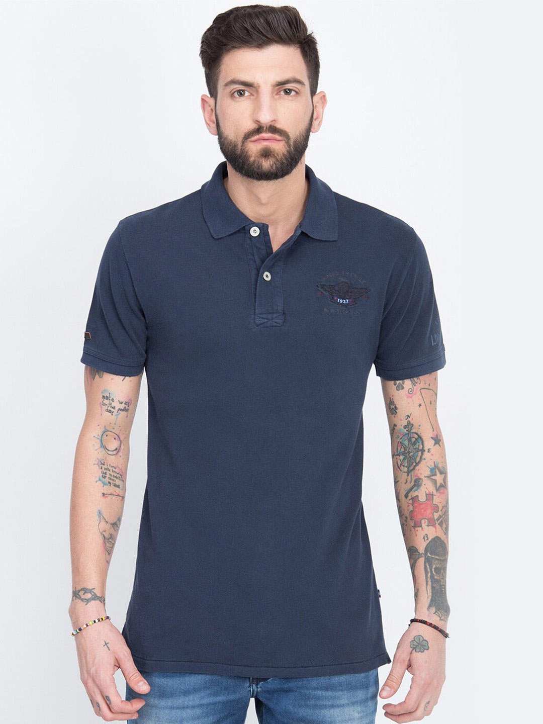 

LINDBERGH Men Navy Blue Polo Collar Slim Fit Cotton Pure Cotton T-shirt