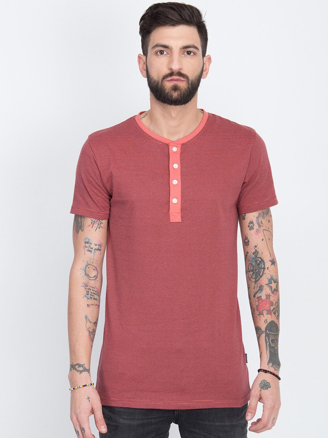 

LINDBERGH Men Red Peach-Coloured Striped Henley Neck Slim Fit Cotton Pure Cotton T-shirt