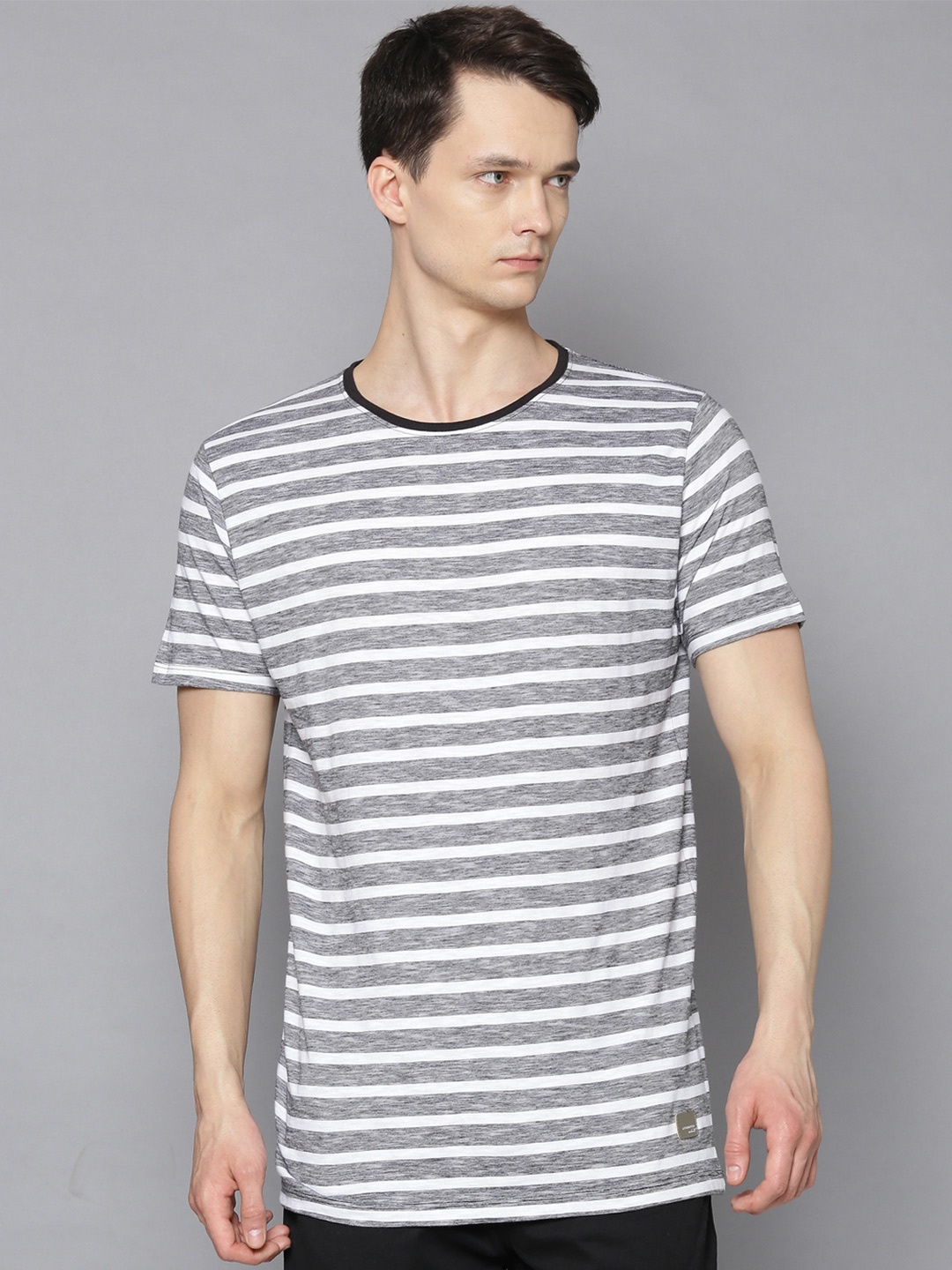 

LINDBERGH Men Black & White Striped Pure Cotton Slim Fit T-shirt