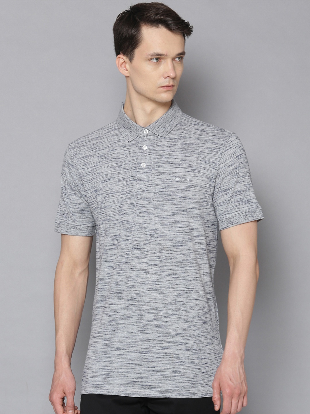 

LINDBERGH Men Grey & Navy Blue Polo Collar Slim Fit T-shirt
