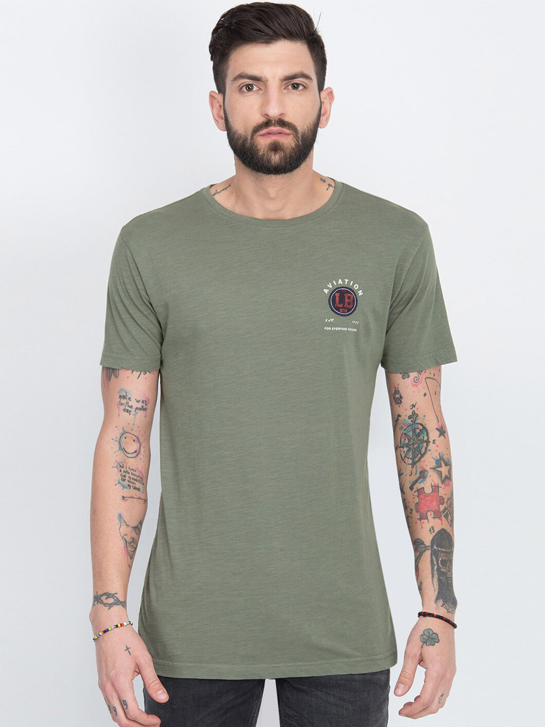 

LINDBERGH Men Olive Green Applique Slim Fit Cotton Pure Cotton T-shirt