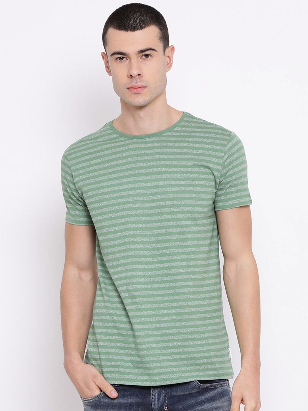 

LINDBERGH Men Green Striped Slim Fit T-shirt