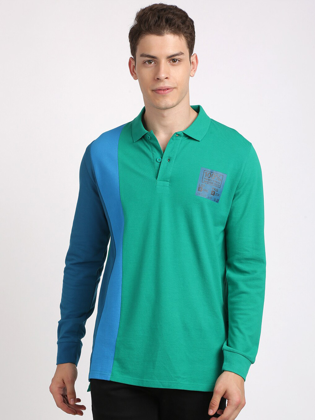 

MASH UNLIMITED Men Green & Turquoise Blue Colourblocked Polo Collar Slim Fit T-shirt