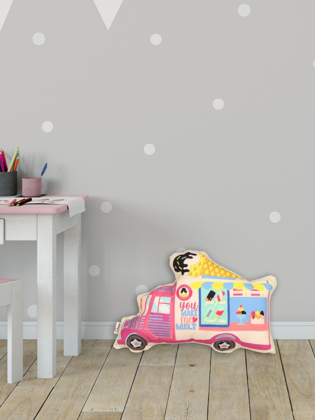 

Sivya Pink & Yellow Melting Truck Printed Stuffed Cushion
