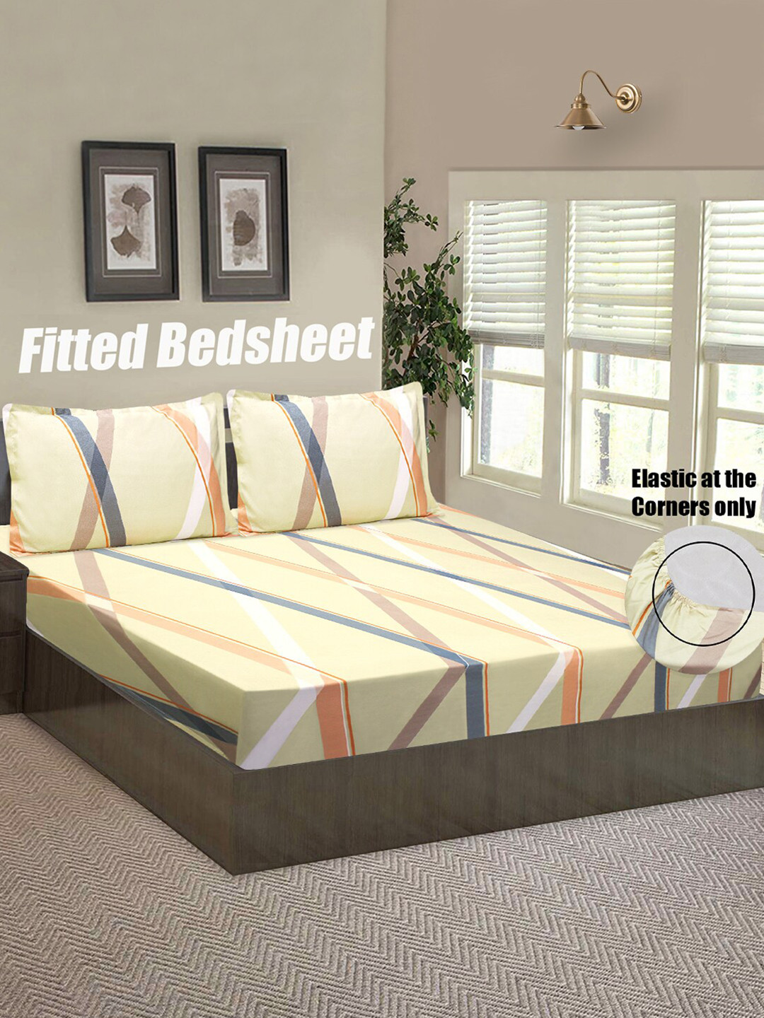 

Good Homes by Home Candy Cream-Coloured & Brown Striped 144 TC Queen Bedsheet with 2 Pillow Covers