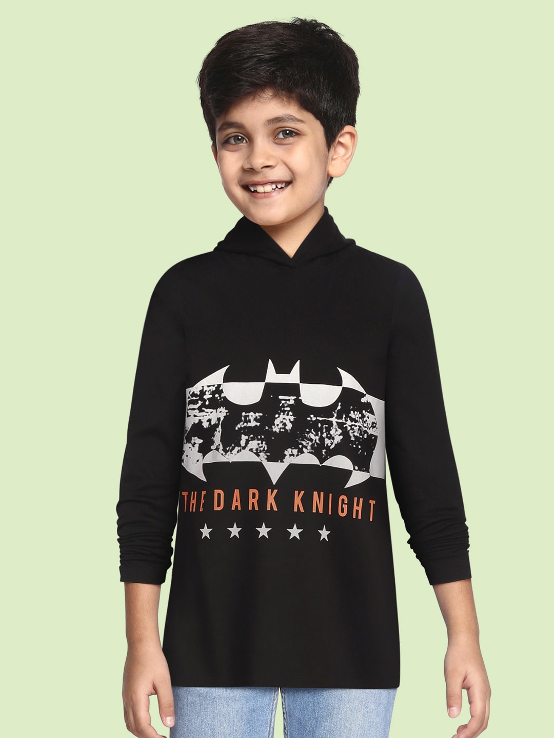 

YK Justice League Boys Black & White Cotton Batman Printed Hooded T-shirt