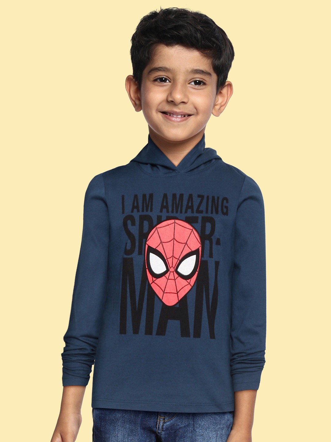 

YK Marvel Boys Navy Blue & Red Cotton Spider-Man Print Hooded T-shirt
