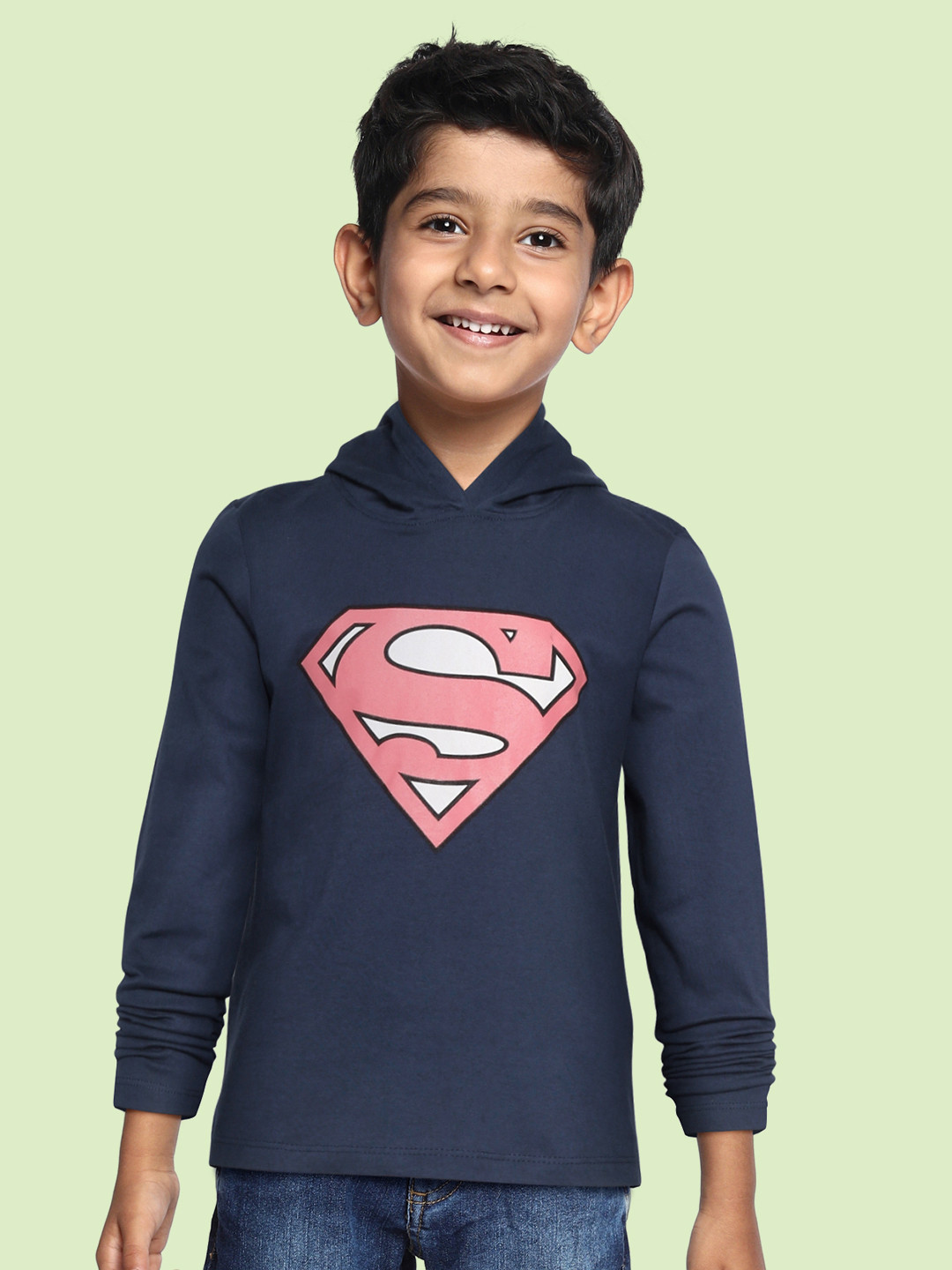 

YK Justice League Boys Navy Blue & Coral Pink Cotton Superman Printed Hooded T-shirt