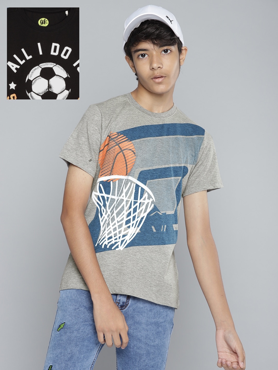 

YK Boys Pack of 2 Printed Round NeckFootball T-shirts, Black