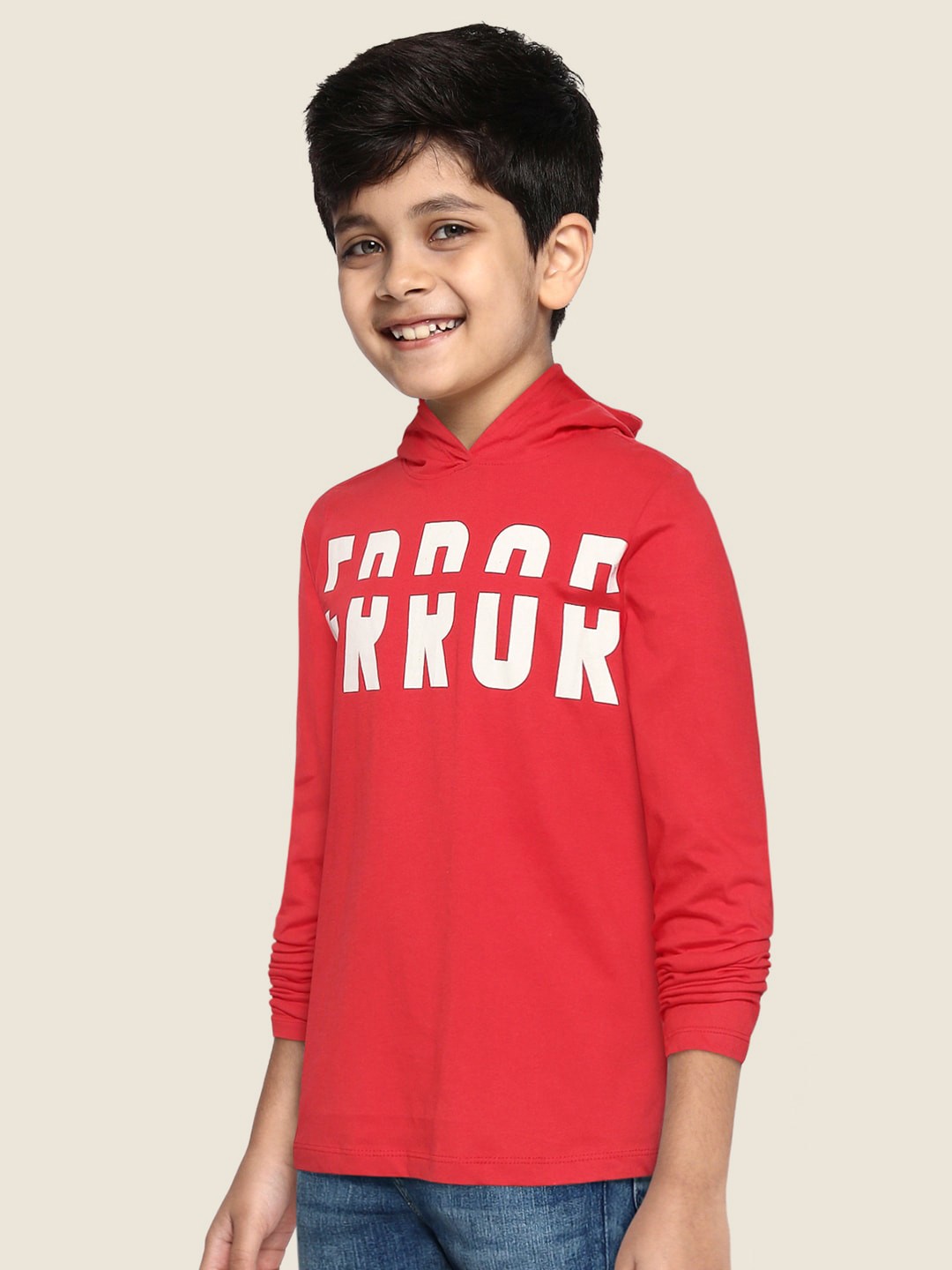

YK Boys Red & White Cotton Typography Print Hooded T-shirt