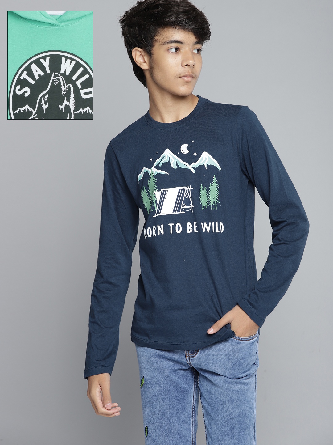 

YK Boys Pack of 2 Cotton Printed Hooded T-Shirts, Sea green