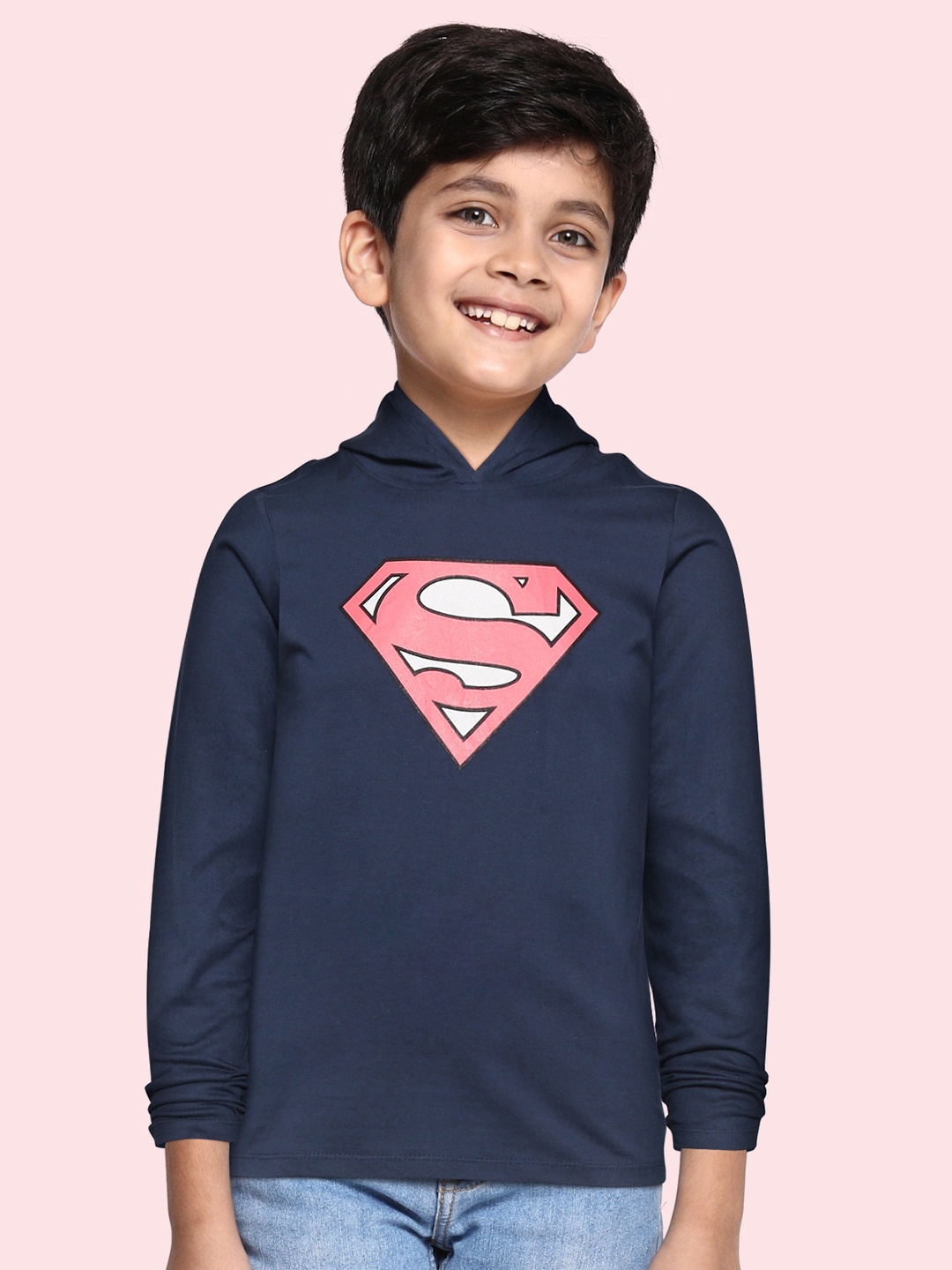 

YK Justice League Boys Navy Blue & Coral Pink Cotton Superman Printed Hooded T-shirt