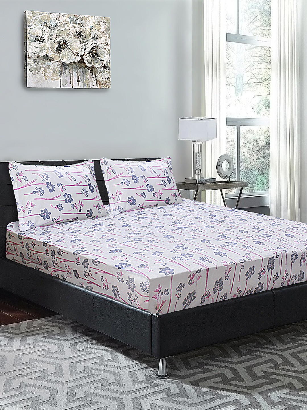 

Good Homes by Home Candy Pink & Off White Floral 210 TC King Bedsheet with 2 Pillow Covers