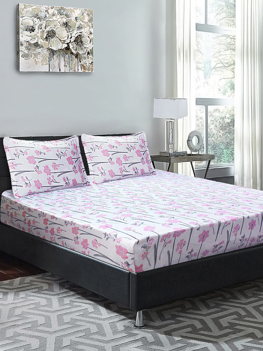 

Good Homes by Home Candy Pink & Off White Floral 210 TC King Bedsheet with 2 Pillow Covers