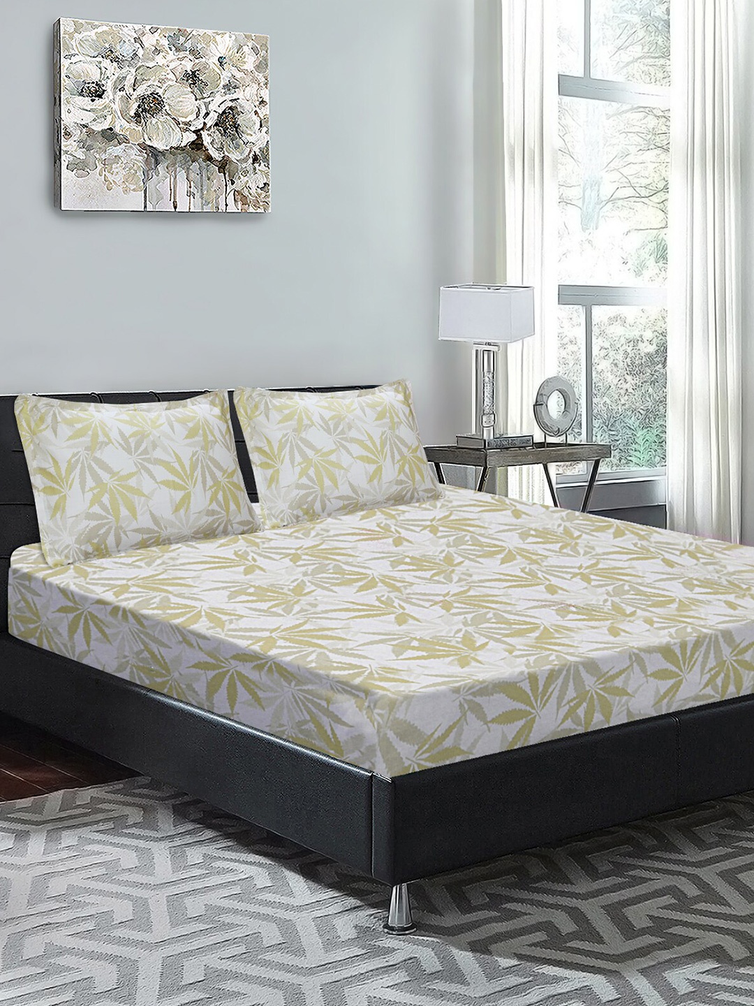 

Good Homes by Home Candy Olive Green & Off White Floral 210 TC King Bedsheet with 2 Pillow Covers