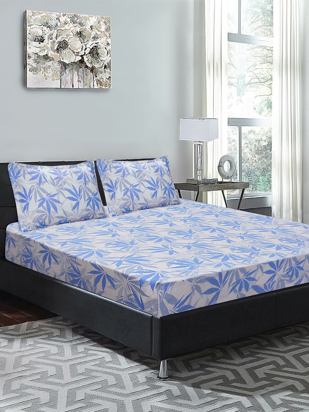 

Good Homes by Home Candy Blue & Off White Floral 210 TC King Bedsheet with 2 Pillow Covers