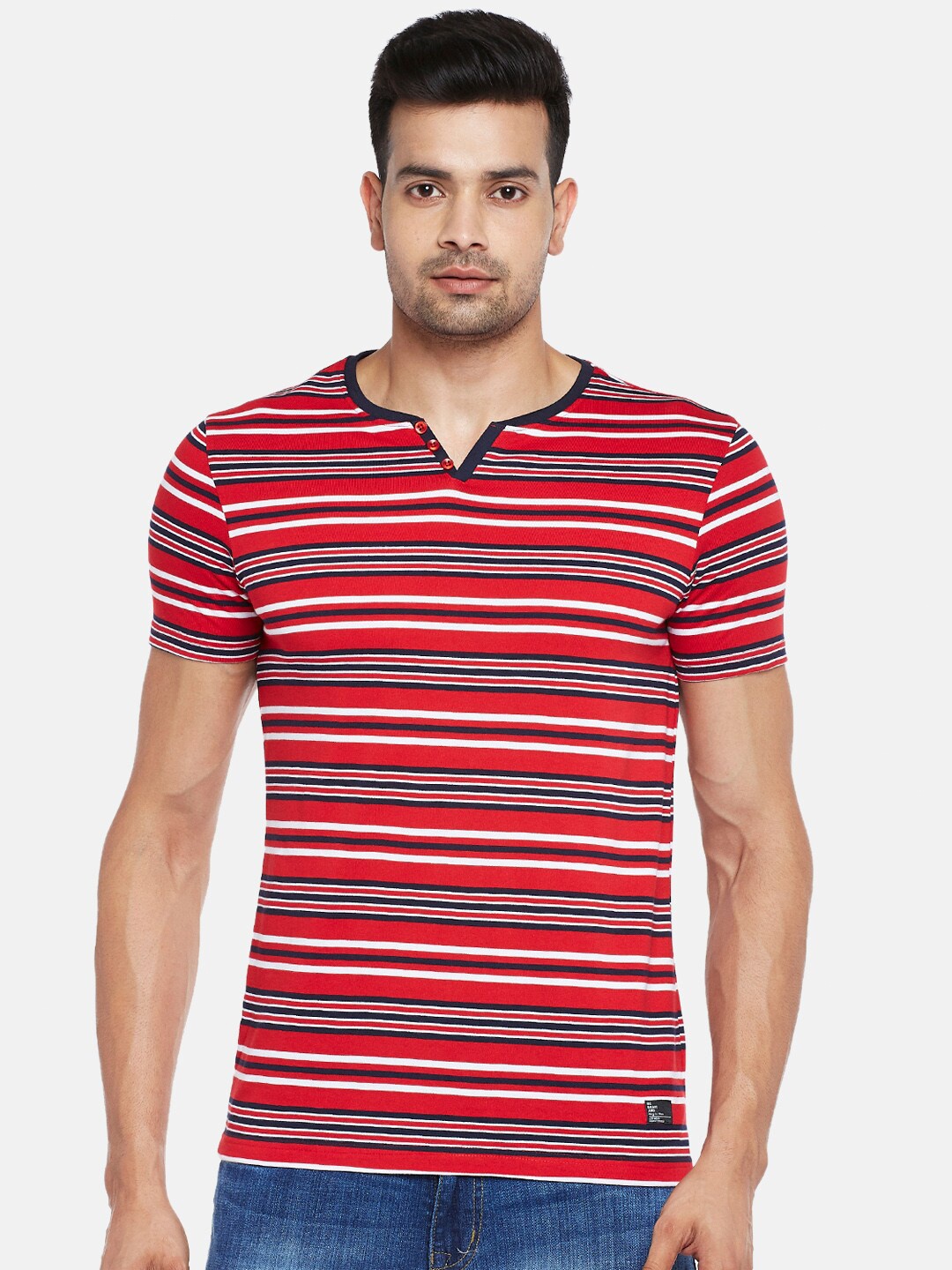 

People Men Red & White Striped Henley Neck T-shirt