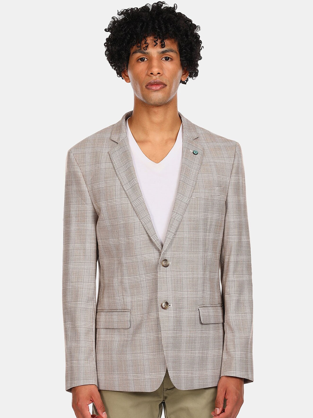 

Arrow Men Grey & Brown Checked Slim-Fit Single-Breasted Formal Blazer