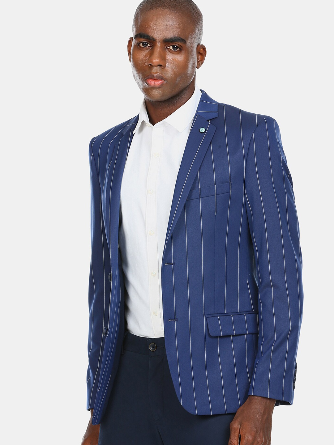 

Arrow Men Blue & White Striped Zero Calorie Slim-Fit Single-Breasted Formal Blazer