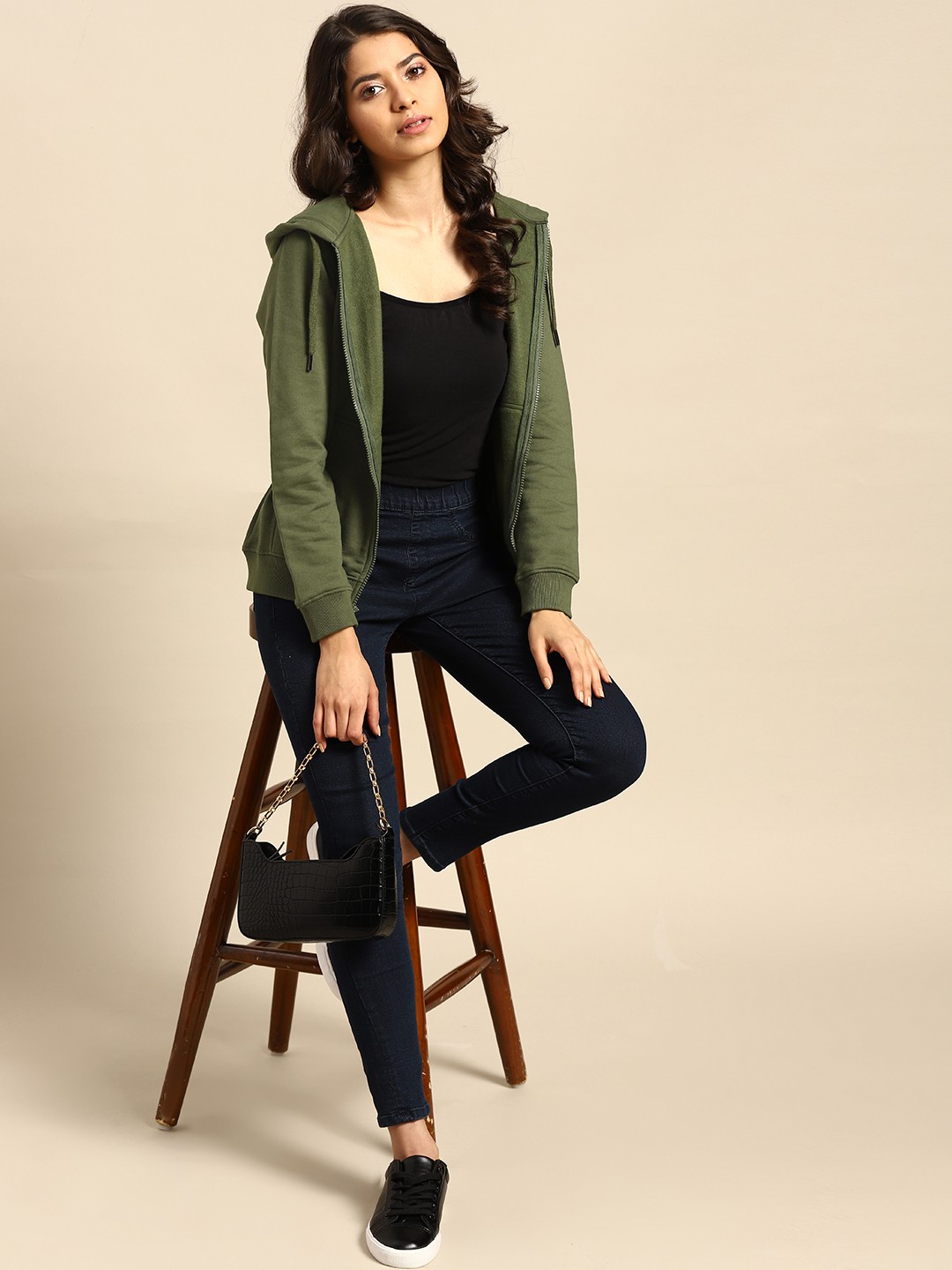

all about you Women Olive Green Solid Hooded Sweatshirt