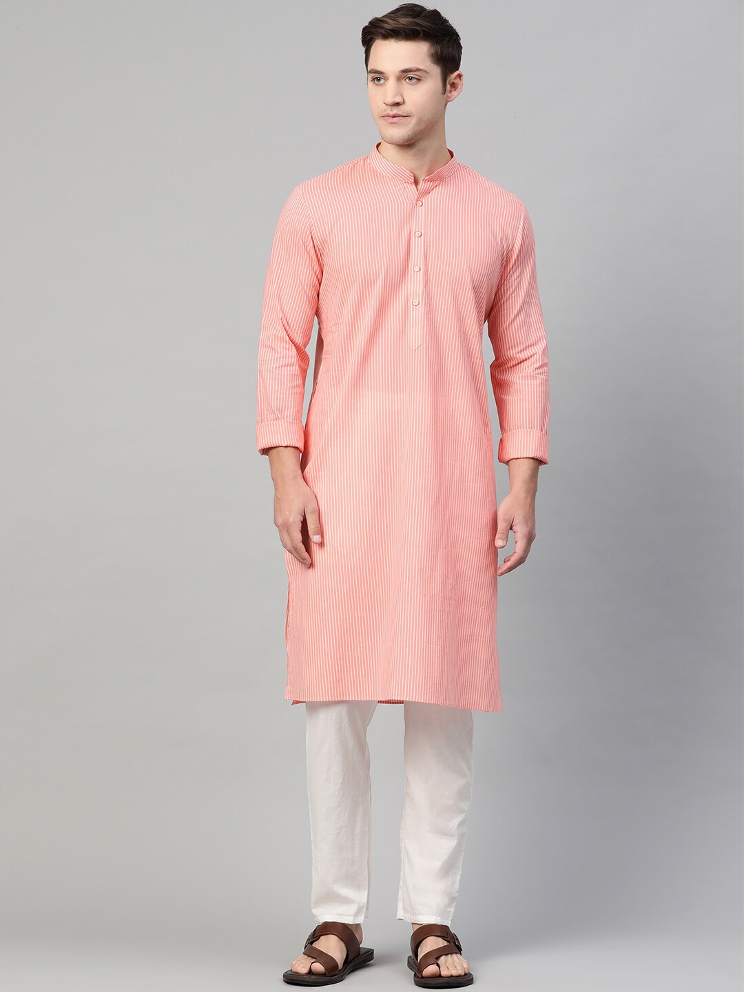 

See Designs Men Peach-Coloured Striped Regular Pure Cotton Kurta with Pyjamas