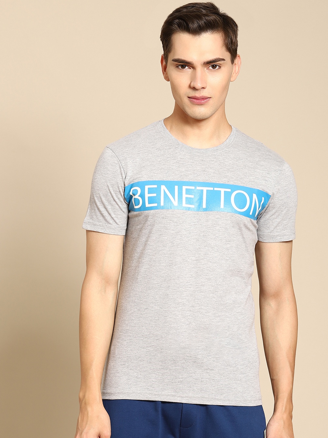 

United Colors of Benetton Men Grey Melange & Blue Brand Logo Printed T-shirt