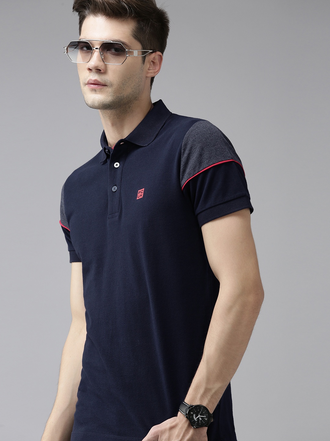 

French Connection Men Navy Blue Polo Collar Slim Fit T-shirt