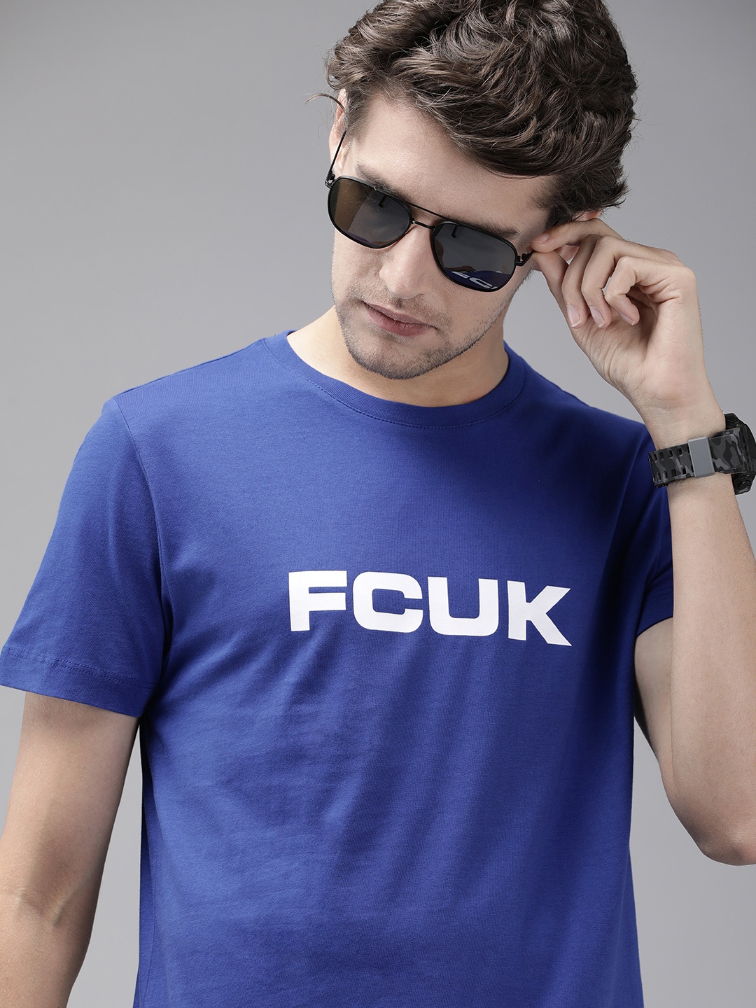 

French Connection Men Blue Brand Logo Printed Slim Fit Pure Cotton T-shirt