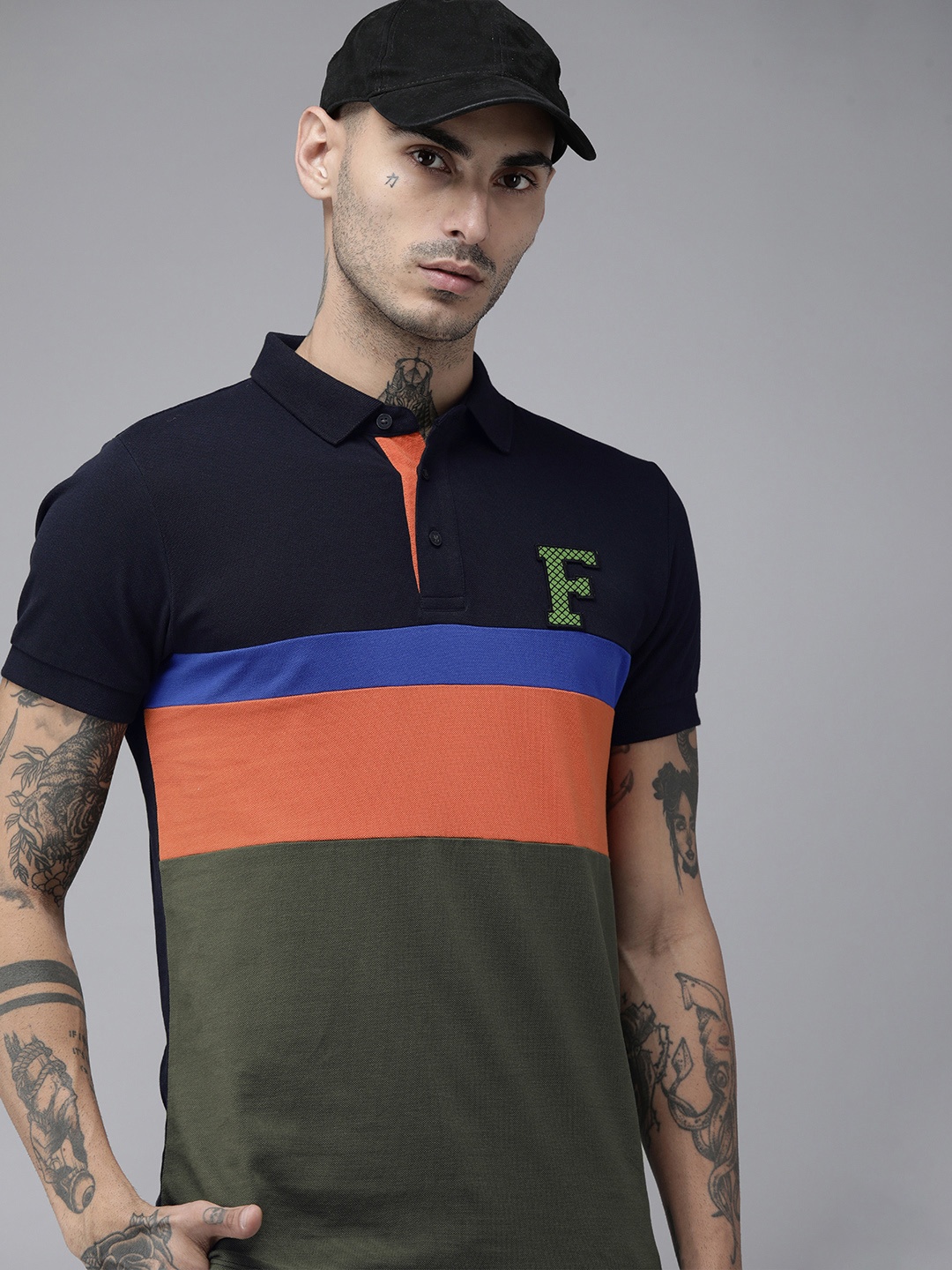 

French Connection Men Navy Blue Olive Green Colourblocked Polo Collar Pure Cotton T-shirt