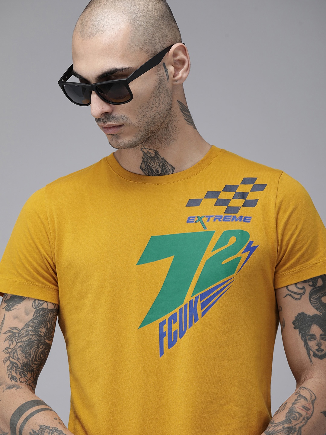 

French Connection Men Mustard Yellow Brand Logo Printed Pure Cotton T-shirt