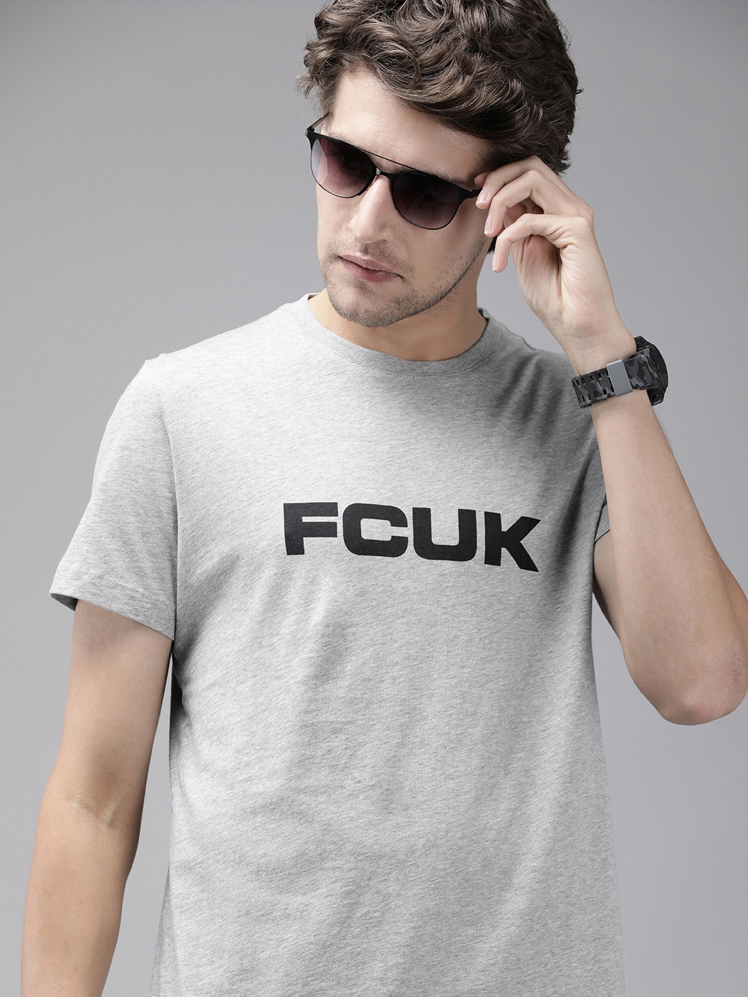 

French Connection Men Grey Melange Brand Logo Printed Slim Fit Pure Cotton T-shirt