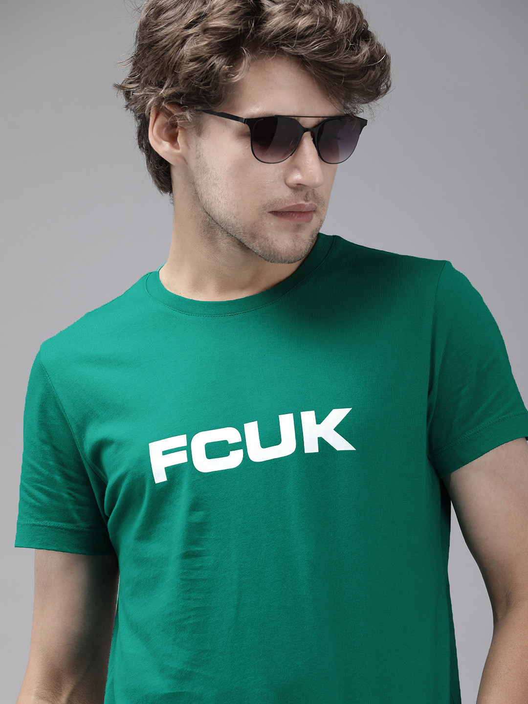 

French Connection Men Green Brand Logo Printed Slim Fit Pure Cotton T-shirt