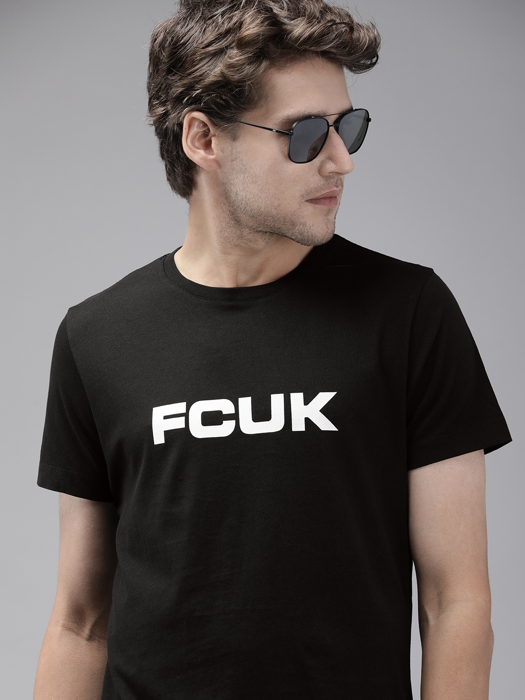 

French Connection Men Black Brand Logo Printed Slim Fit Pure Cotton T-shirt