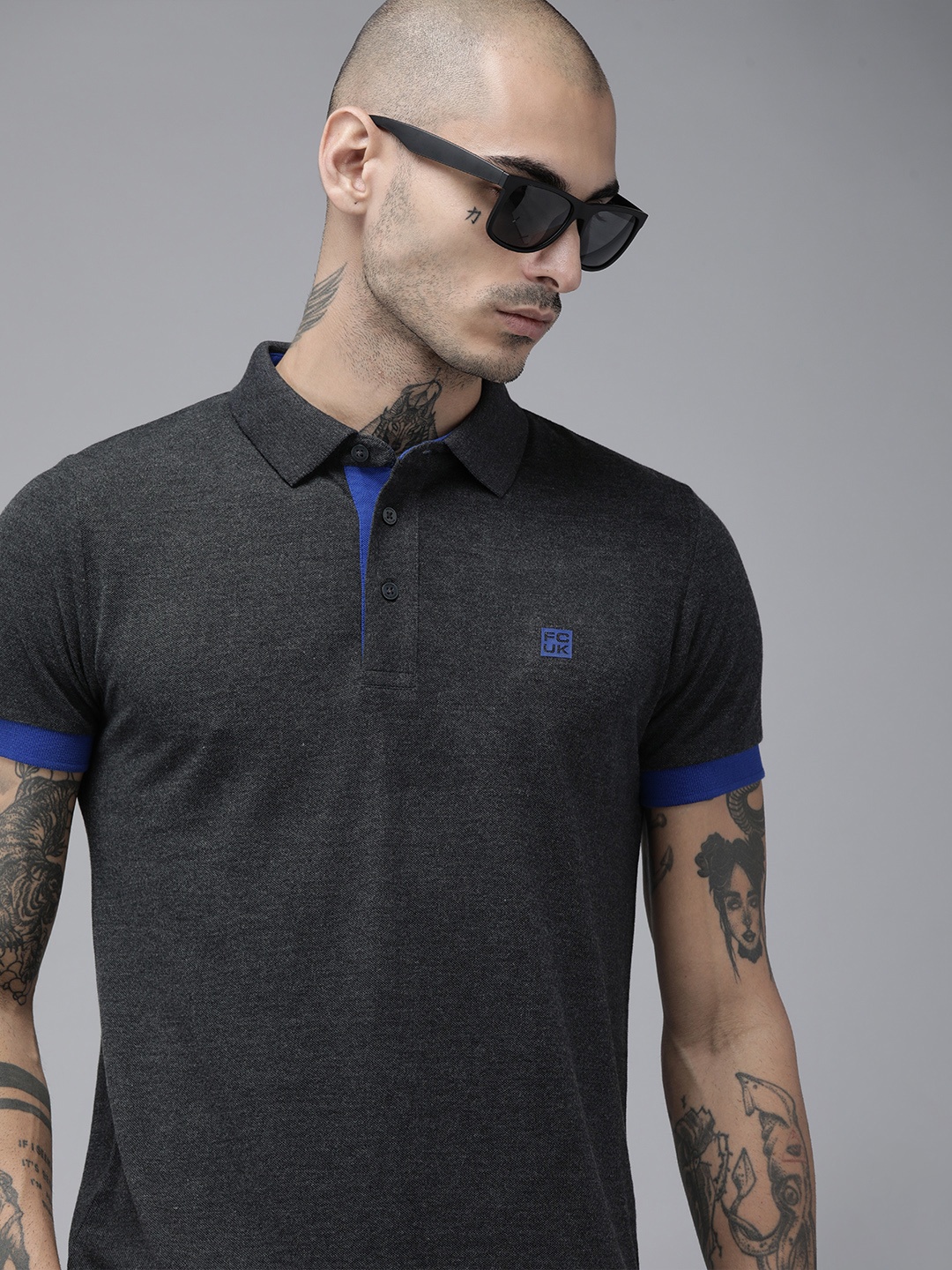 

French Connection Men Charcoal Grey Solid Polo Collar Pure Cotton T-shirt