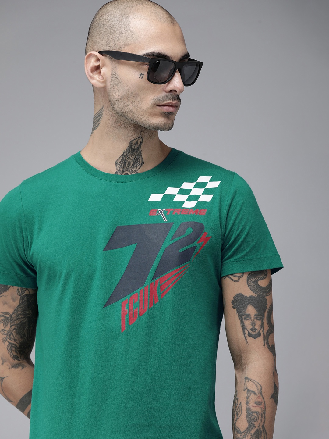 

French Connection Men Teal Green Brand Logo Printed Pure Cotton T-shirt