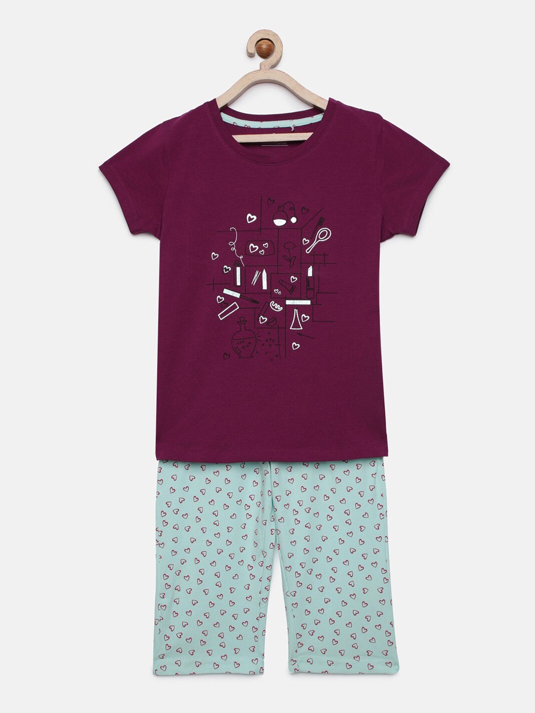 

Sweet Dreams Girls Purple & Sea Green Printed Night suit