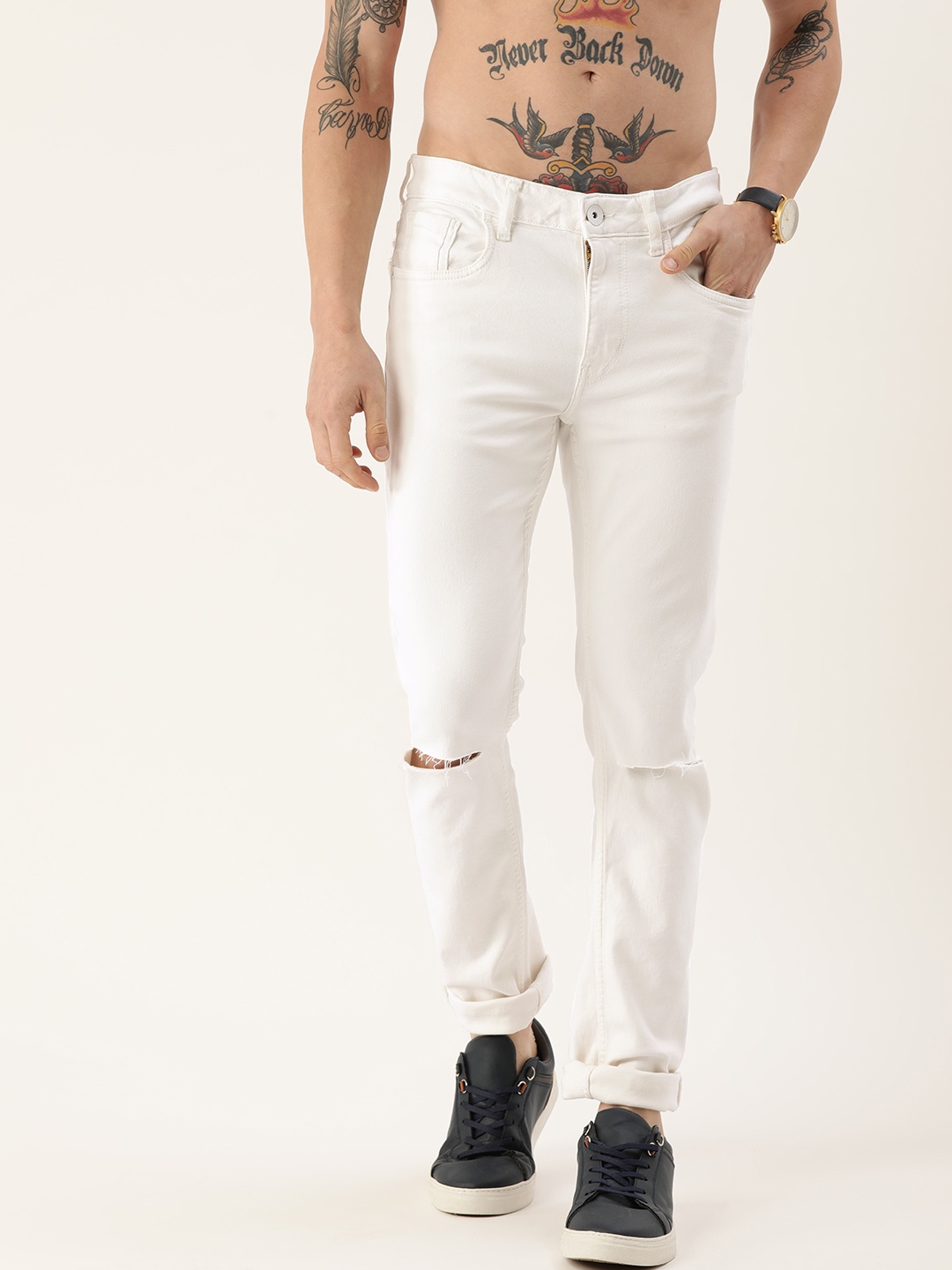 

Flying Machine Men White Micheal Tapered Slim Fit Slash Knee Mid Rise Stretchable Jeans