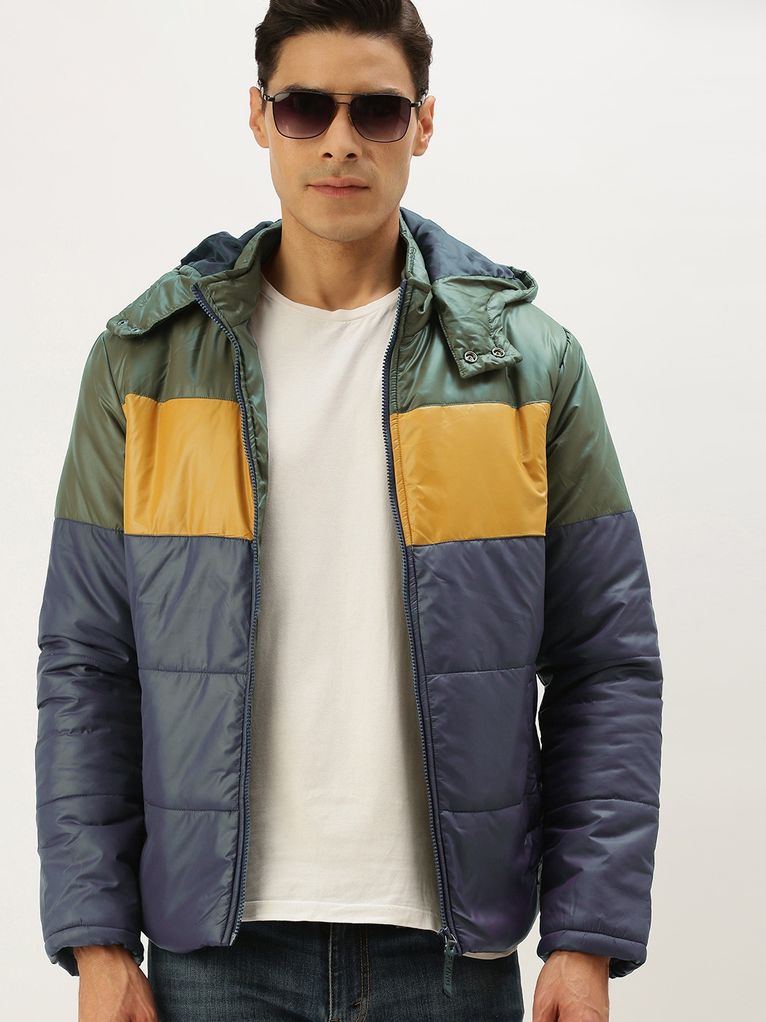 

Flying Machine Men Navy Blue & Yellow Colourblocked Hooded Puffer Jacket