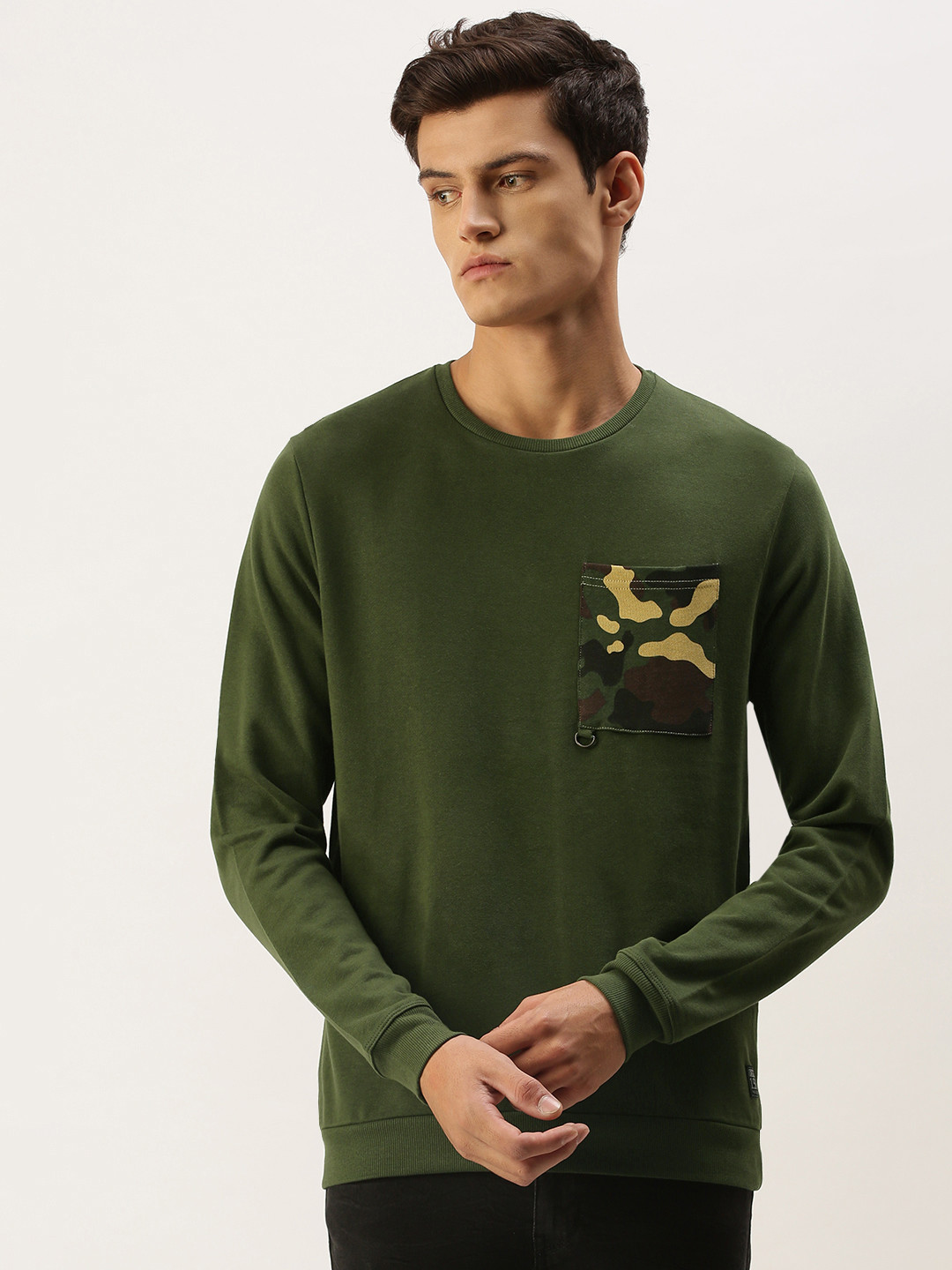 

Flying Machine Men Olive Green Pocket Detailed Sweatshirt