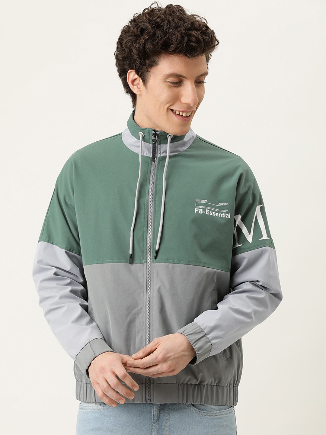 

Flying Machine Men Olive Green & Grey Colourblocked Bomber Jacket
