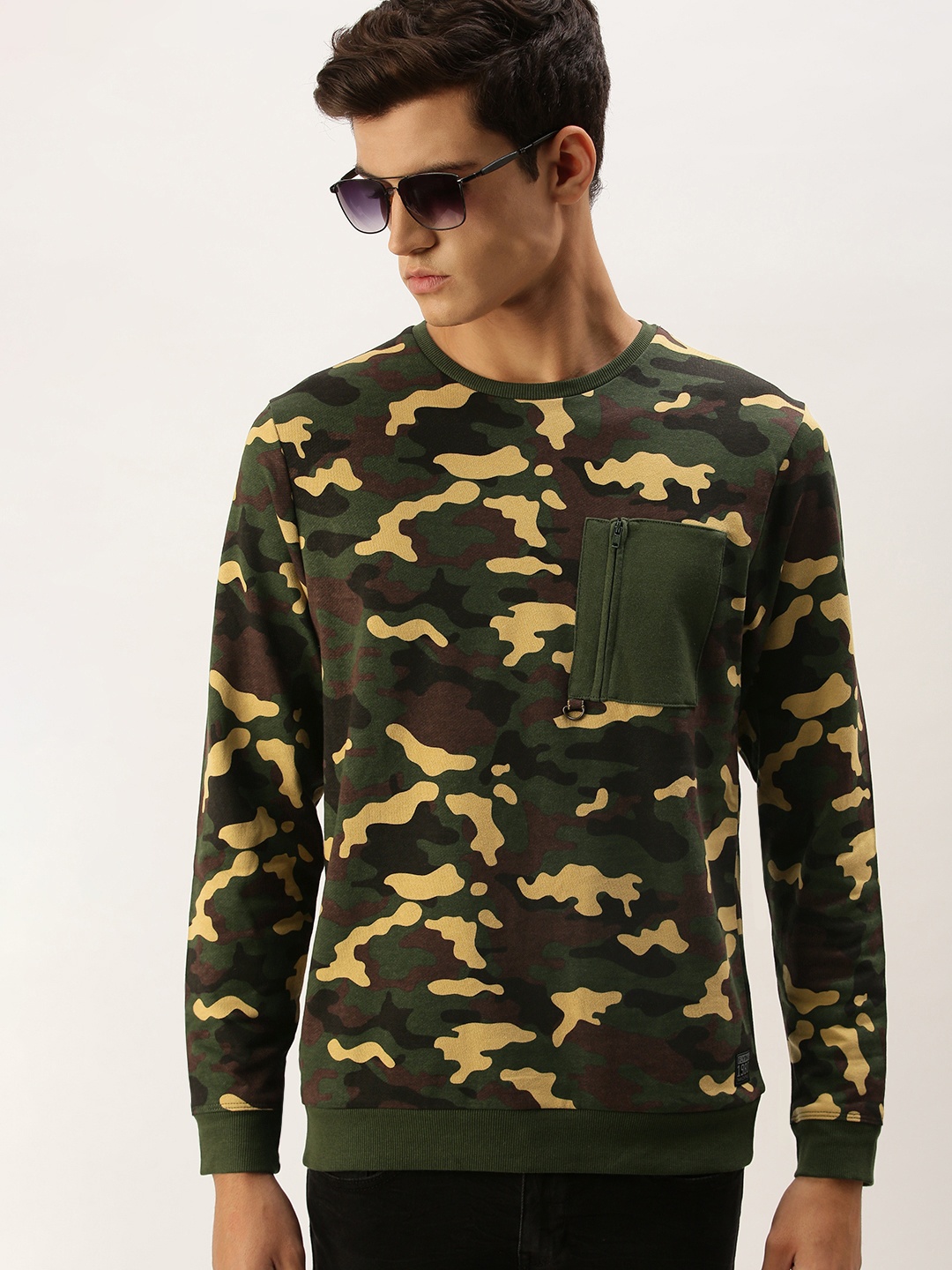 

Flying Machine Men Olive Green Camouflage Printed Sweatshirt