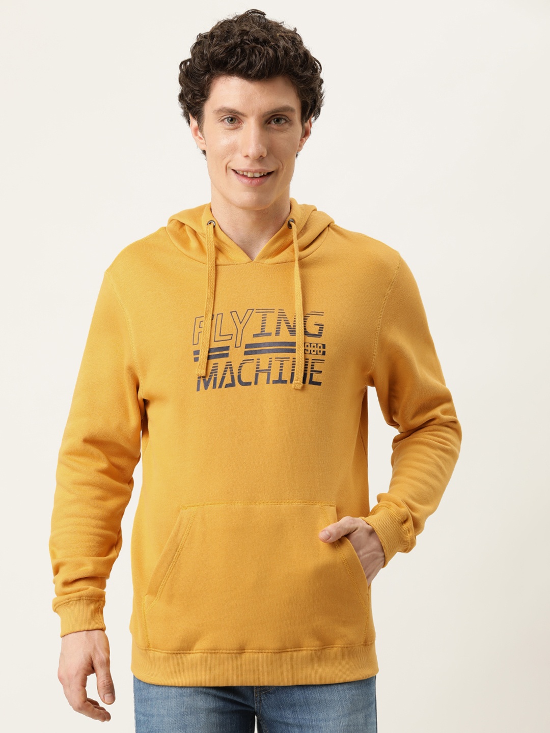 

Flying Machine Men Mustard Yellow Printed Hooded Sweatshirt