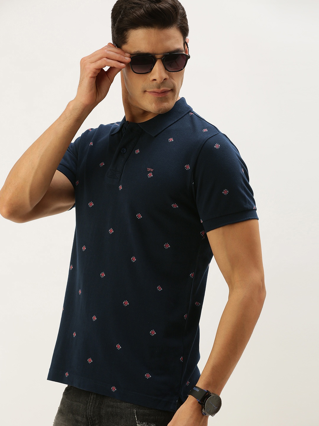 

Flying Machine Men Navy Blue Printed Polo Collar T-shirt