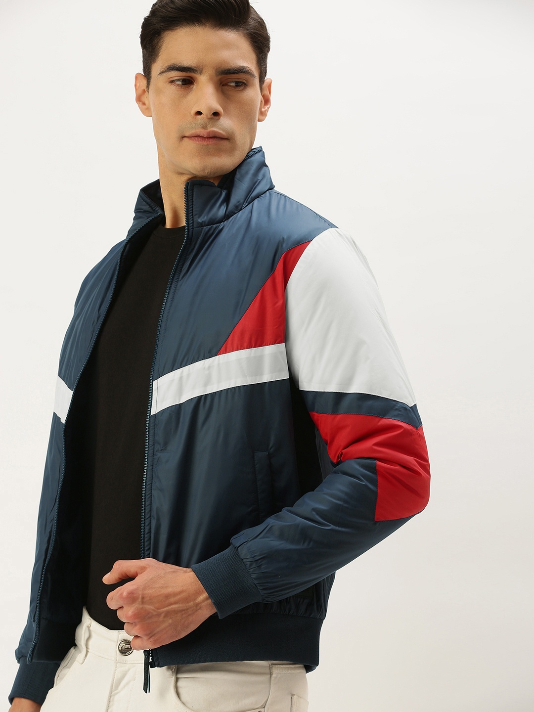 

Flying Machine Men Navy Blue White Colourblocked Bomber Jacket